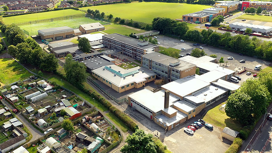 Aerial drone video of a full school site from above in Teesside