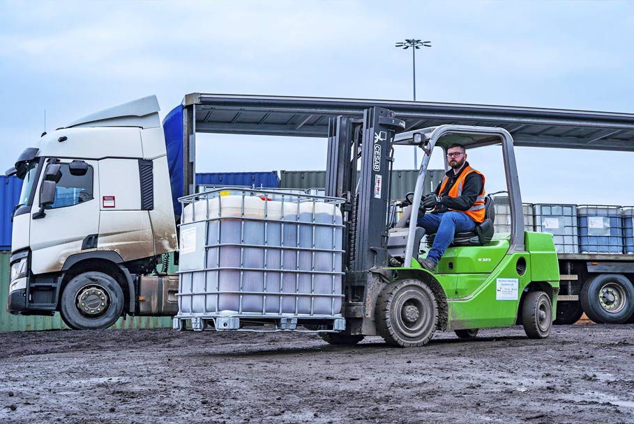 Branding photography capturing forklift unloading wagon in Teesside industrial setting