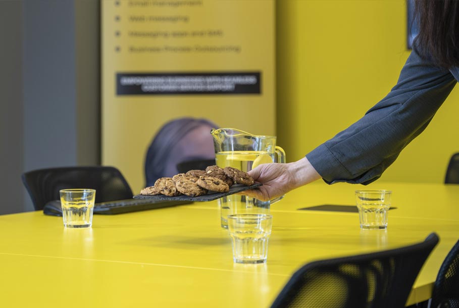 Branding photography of refreshments laid out in board room for Lemon contact centre meeting in Teesside