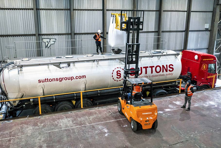 Aerial drone photography of forklift loading bulk wagon for commercial branding in Middlesbrough