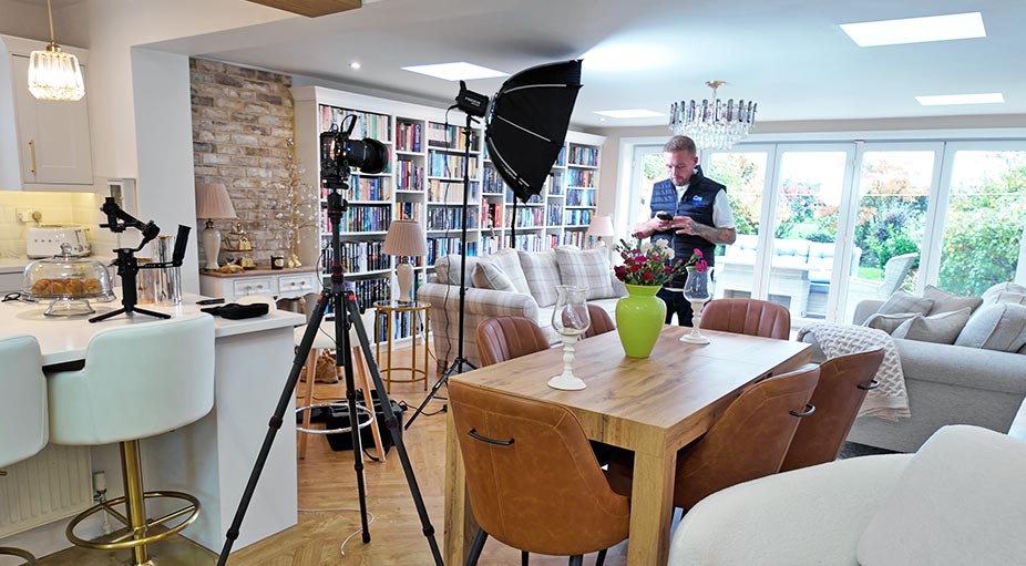 Behind the scenes professional interview shoot in Teesside – script read with lighting setup and video production crew at Tees Vision Media Stockton