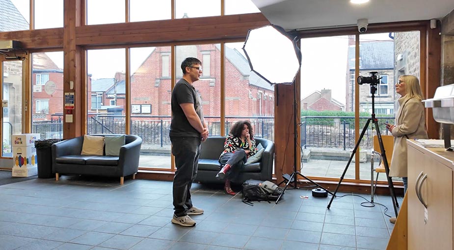 Behind the scenes interview filming in Teesside – professional video production with single light setup and camera operator at Tees Vision Media Stockton