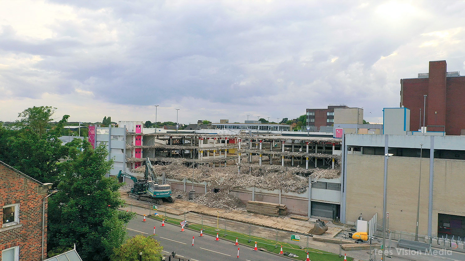 Castlegate Demolition Site Overview Large scale demolition of Castlegate Centre with heavy machinery in Stockton