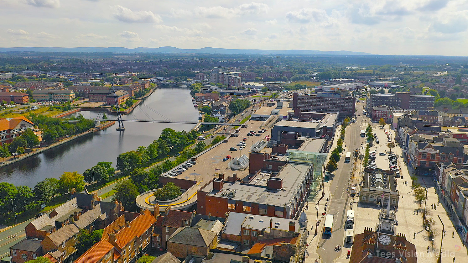 Stockton Riverside Aerial View Wide aerial shot of the River Tees and Stockton town centre