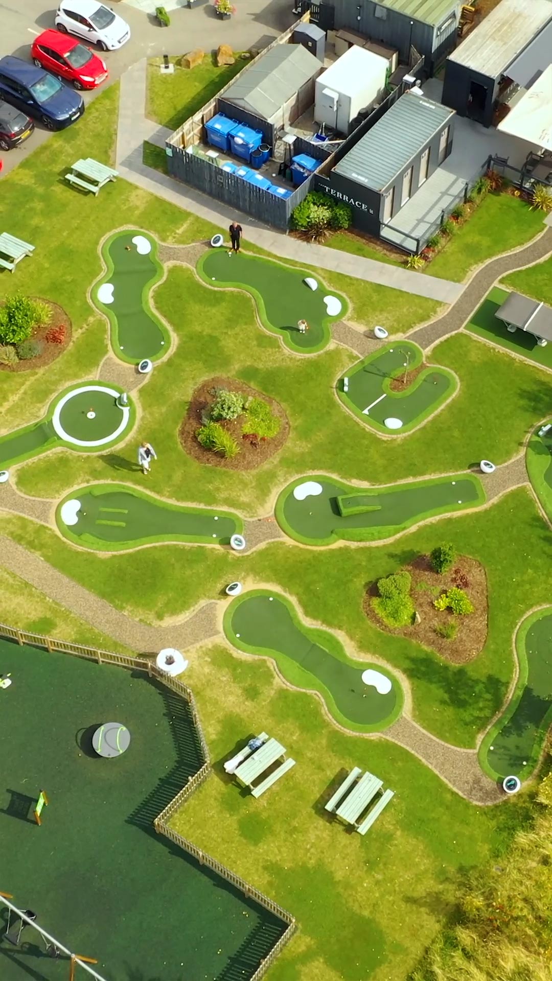 angrove-country-park-mini-golf-course-drone-photography B2B commercial drone photography showing a colorful custom mini-golf course at Angrove Country Park in Great Ayton.
