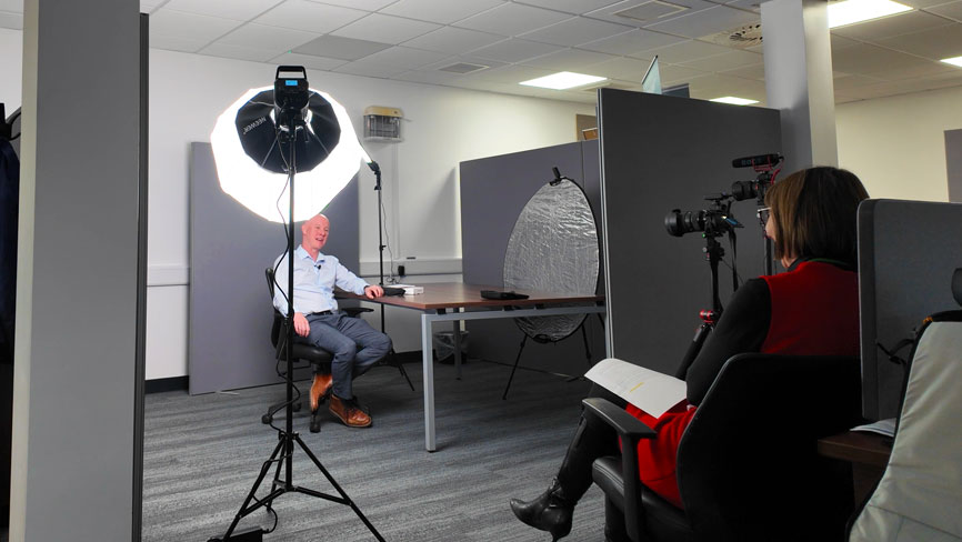 Behind the scenes medical interview filming setup for Noctura 400 in Teesside showing professional lighting and camera equipment by Tees Vision Media