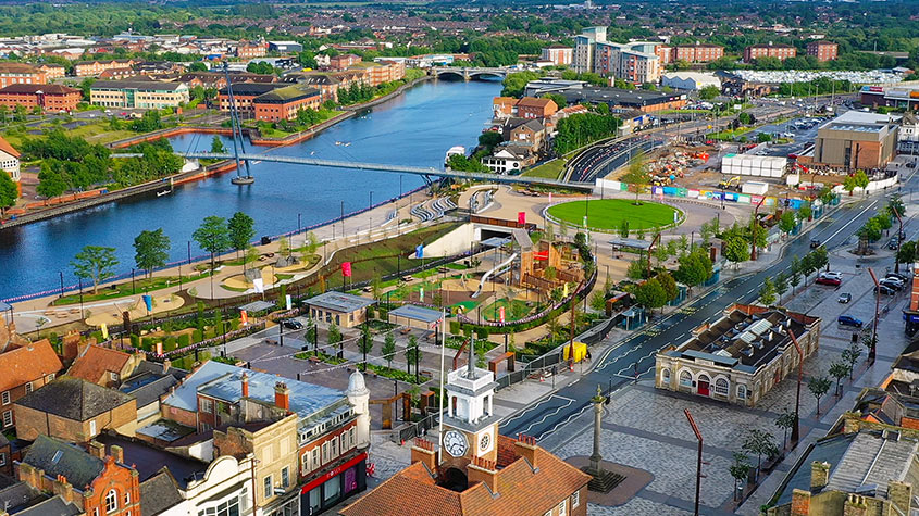 Stockton Waterfront Urban Park with Millennium Bridge and Town Hall in view - Tees Explorer